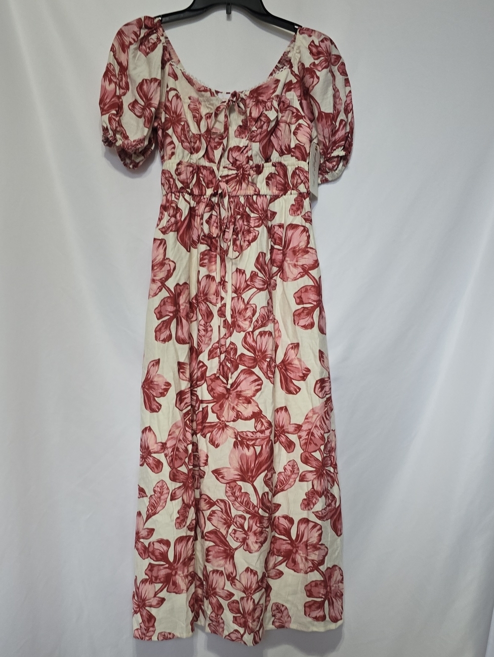 June & Hudson Tropical Floral Smocked Midi Dress Puff Sleeve Boho Romantic